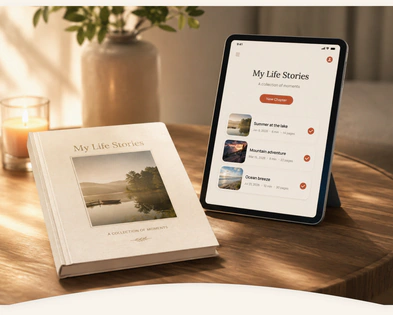 A printed NORIA book on a table beside a tablet showing the same stories