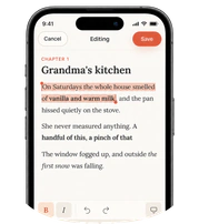 A phone editing a chapter, with a sentence highlighted and a Save button