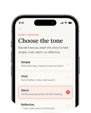 A phone asking how the story should feel, with a Warm option chosen